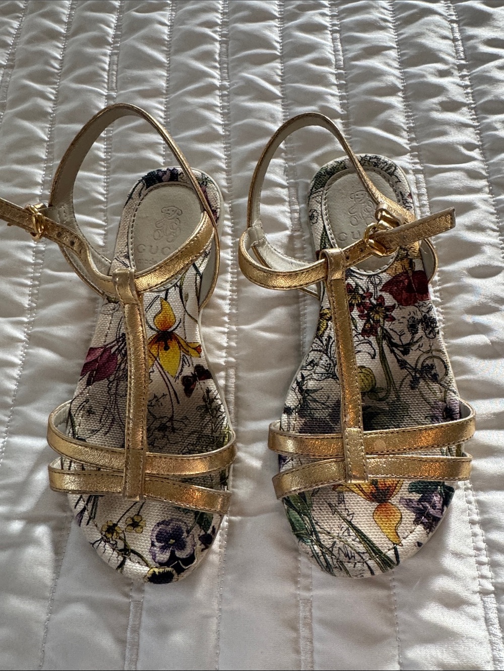 Gucci Girls Gold Leather Floral Strappy Sandals